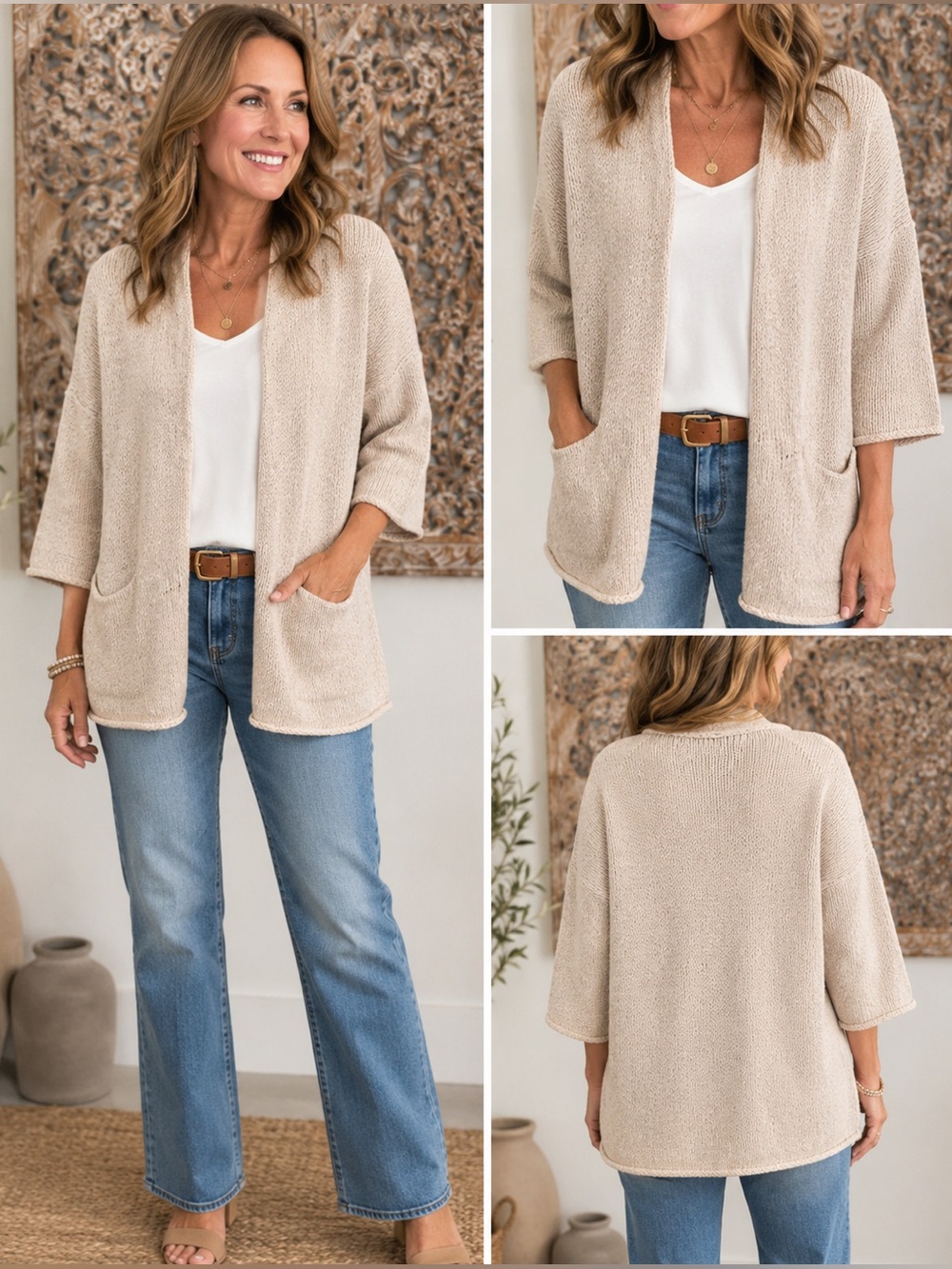 LOFT Cream Open-Front 3/4 Sleeves Cotton Knit Cozy Cardigan- size L
